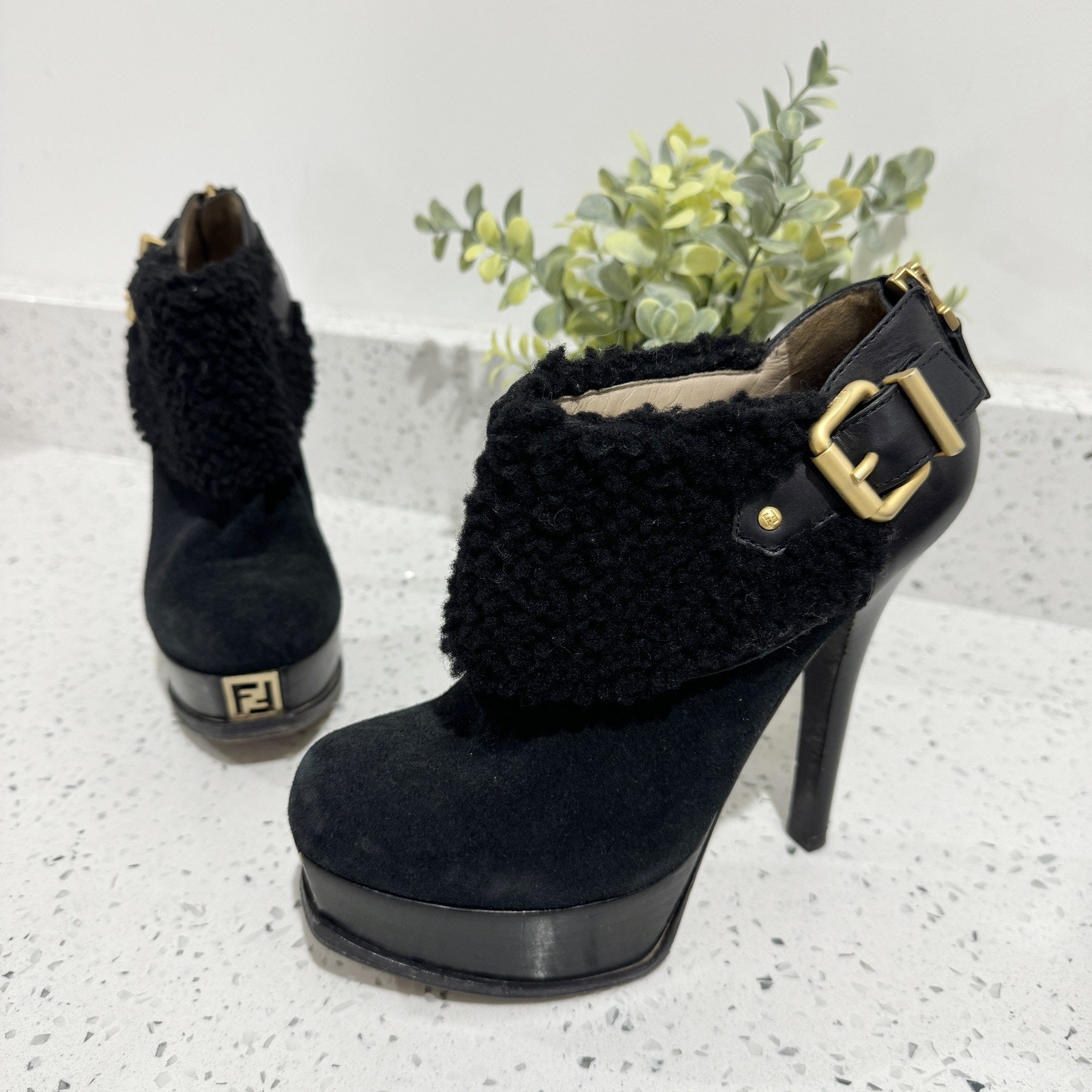 Fendi Ff Black Fendista Shearling Fur Suede Buckled Platform Ankle Boots Ls 36